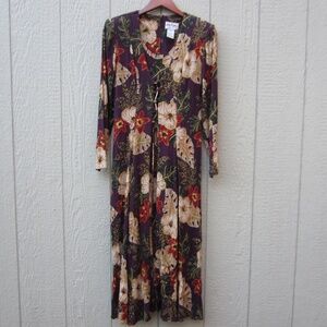 Women's Maxi Dress 8 Brown Floral Long Sleeve Boho Fairy Retro Whimsical Vintage